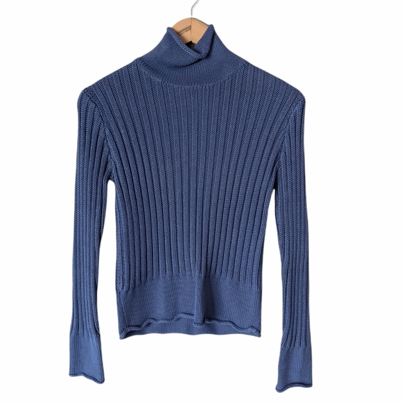 Vintage 90s Blue Turtleneck Chunky Knit Sweater Size Small - Picture 1 of 9
